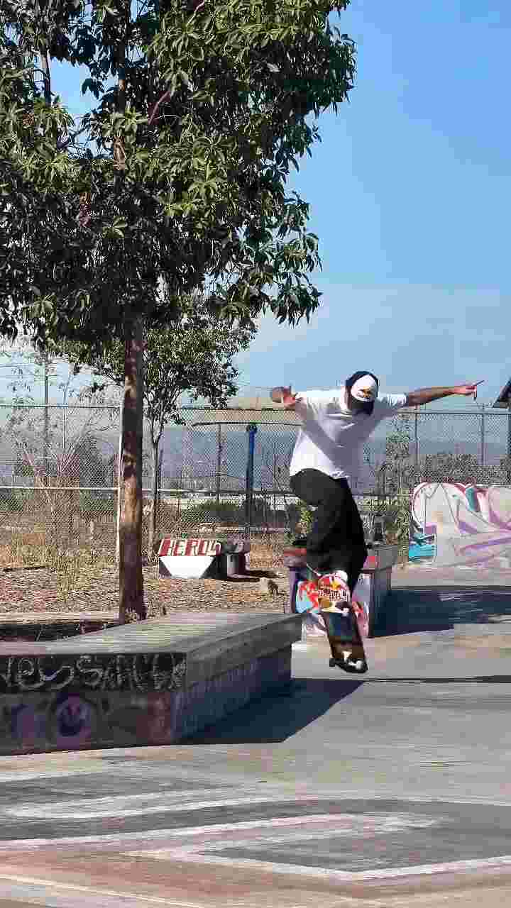 One of skating's GOATs, Nyjah Huston, does a crooked grind then nollie flips back into a crooked grind